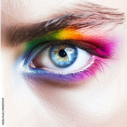 A close-up image of a woman's eye with bright and colorful eyeshadow.