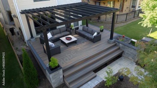 A neatly staged outdoor deck renovation with fresh staining and modern outdoor furniture under a newly installed pergola.