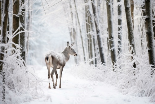 A solitariness deer walking in the snow forest