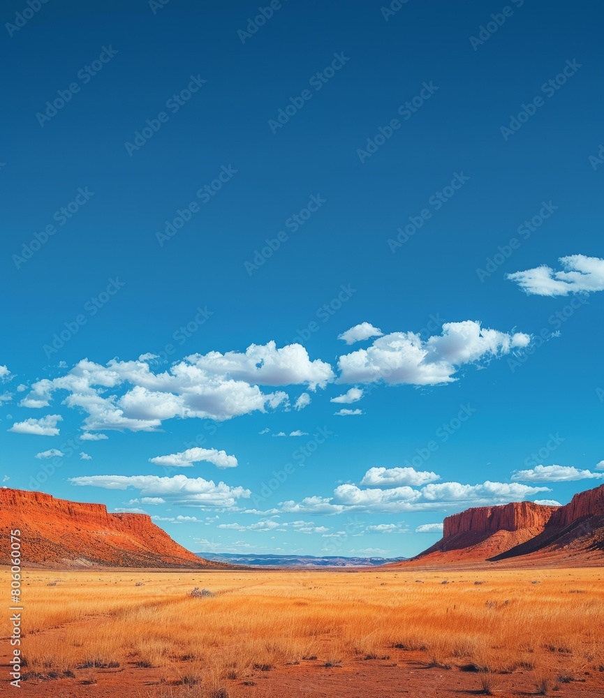A vast desert landscape with red rocks and blue sky A vast desert landscape with red rocks and blue sky