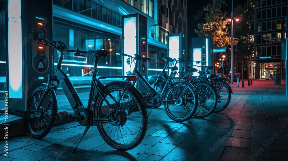Obraz premium A nighttime view of illuminated electric bikes locked at a secure bike-sharing station in a vibrant city center.