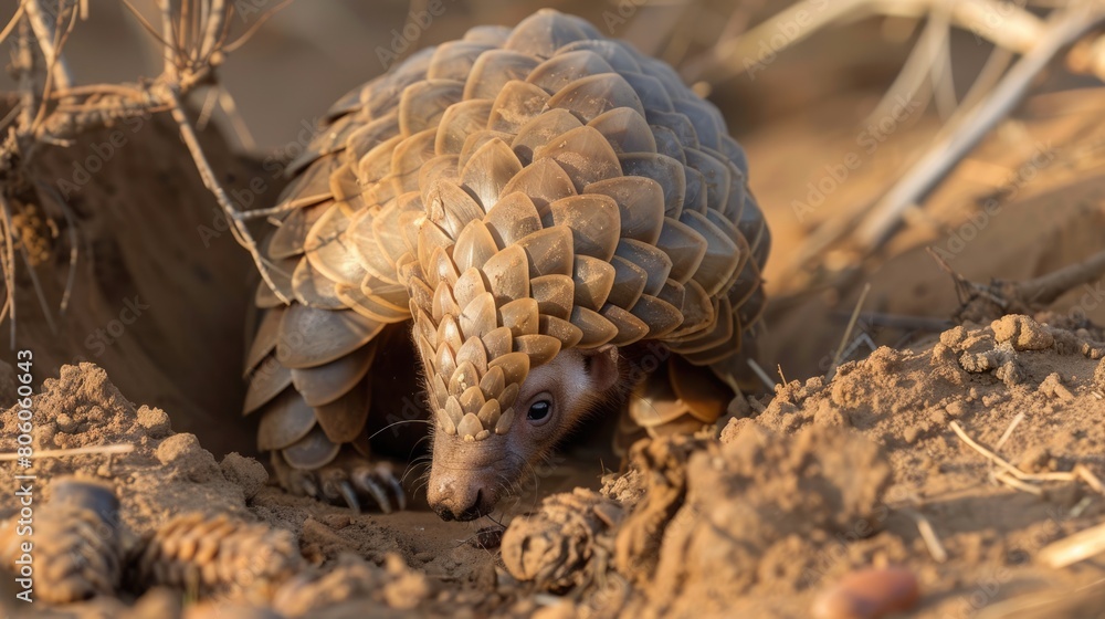 Armored Insectivore: Pangolin Feeding on Ants in African Habitat