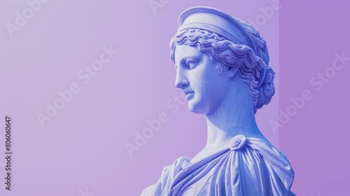Beautiful Statue on Colorful Marble Background. Feminine Art in Shades of Purple and Blue