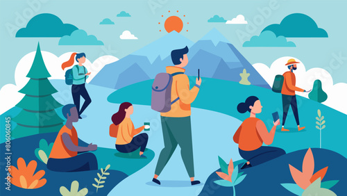 A mindful hike encouraging participants to engage all senses while taking in their surroundings and focusing on each step.. Vector illustration