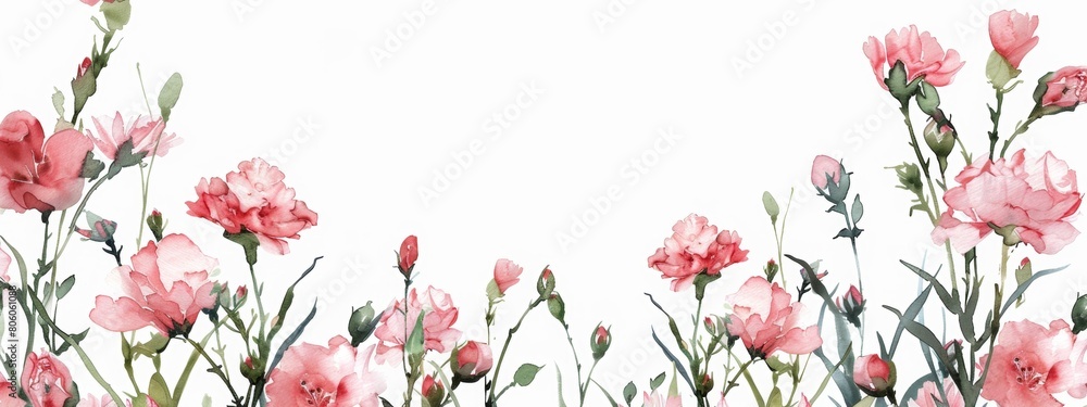 item design, pink carnations border frame on white background, watercolor style.