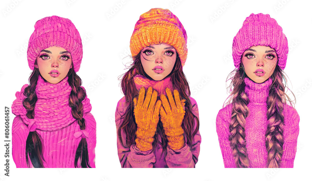 Set of fashion character anime girl. Stylish cosy winter outfit on png background. Set of fashion character anime girl. Stylish cosy winter outfit on png background.