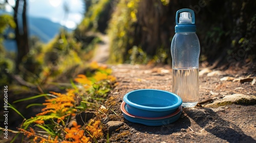 A portable pet water bottle and collapsible bowl set up beside a hiking trail, ensuring hydration during outdoor activities. photo