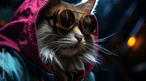 A cat wearing a red hood and goggles