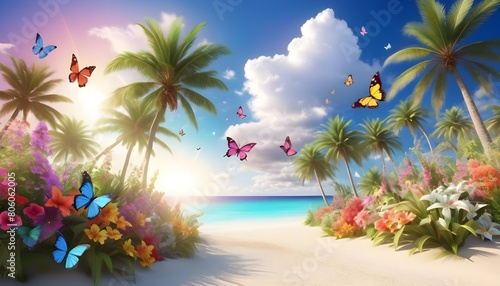 Happy summer season background with having garden full of flowers summer trees butterflies clouds sky and bright sun behind a beautifil view