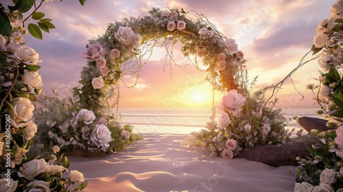 A romantic wedding arch decorated with white and blush roses, peonies, and draping vines set on a sandy beach at sunset. photo