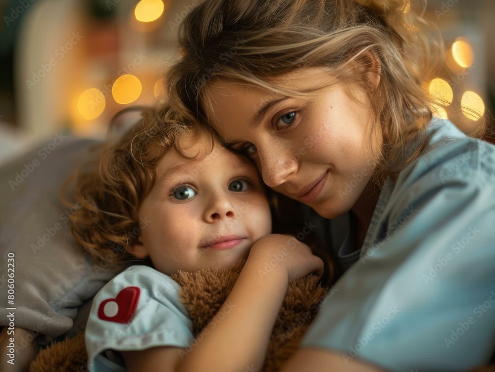 A mother and her son are hugging each other. A mother and her son are hugging each other.