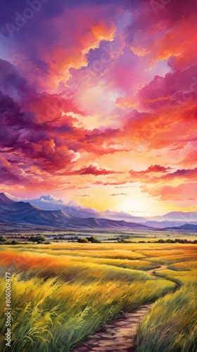 Landscape with vibrant setting sun and rolling hills