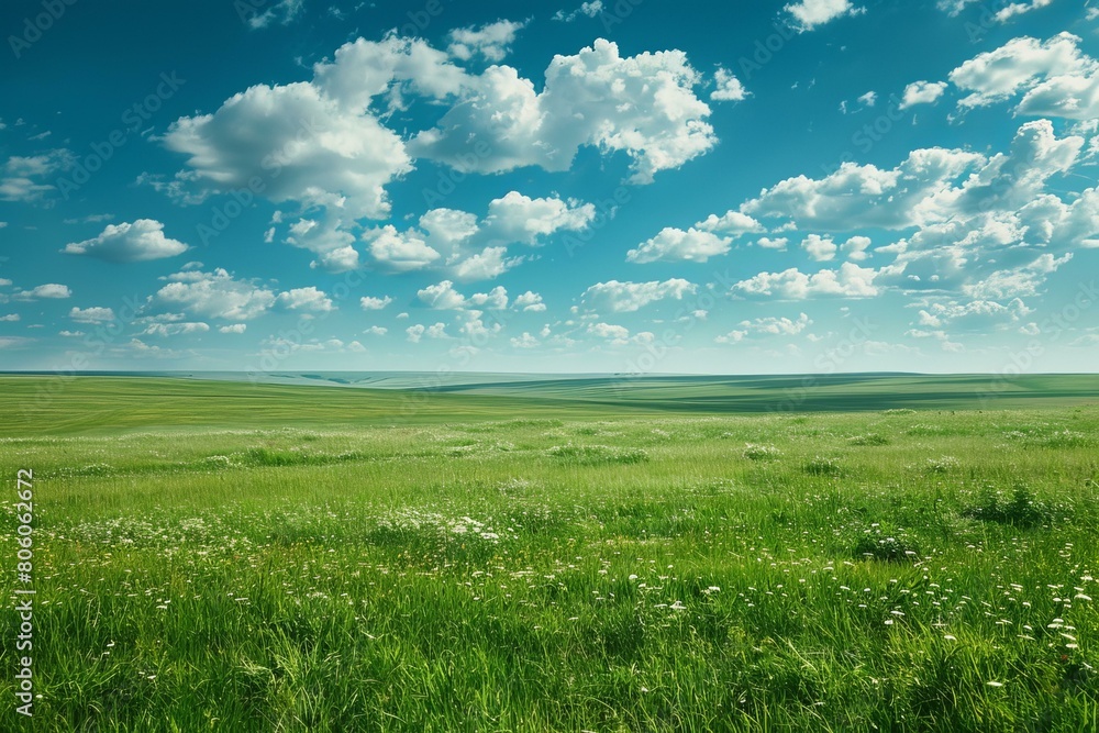 Obraz premium Green rolling hills under blue sky and white clouds