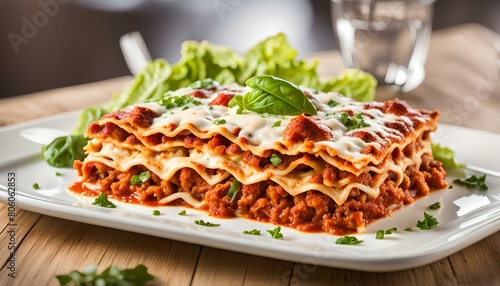 Traditional lasagna on white plate with caesar salad and breadsticks 