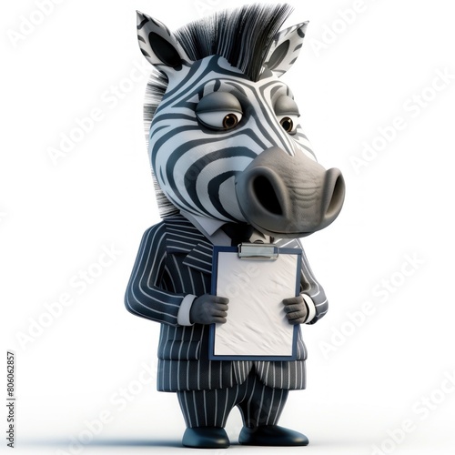 A zebra wearing a suit and tie holding a clipboard