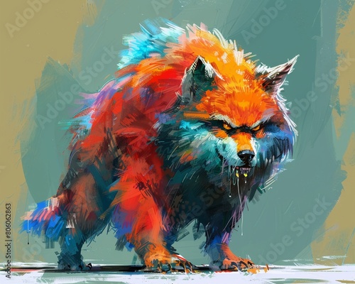 A chunky wolf character in a digital painting, using vivid and playful colors to enhance its amusing and portly appearance photo