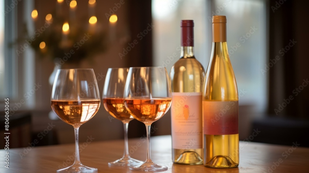Three glasses of rose wine and two bottles of white wine on a wooden table