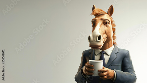 A horse with a mustache and a suit is holding a cup of coffee photo