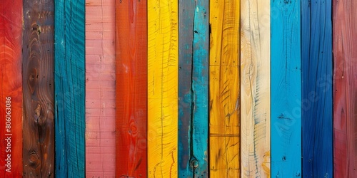 Multicolored painted wooden fence planks