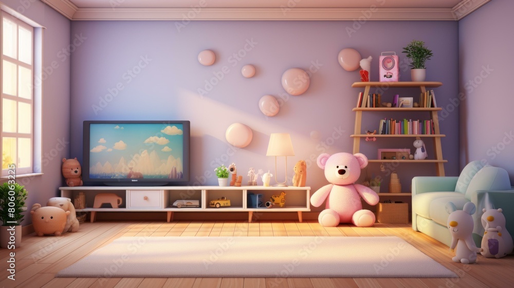 Cozy pink and purple living room with lots of toys