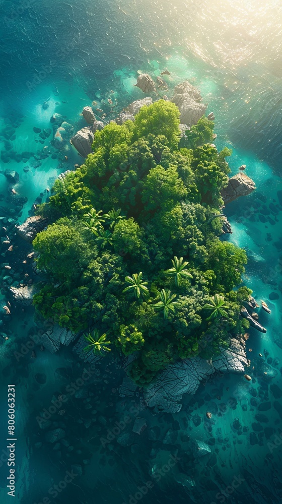 Small tropical island with palm trees and rocks in the middle of the ocean Small tropical island with palm trees and rocks in the middle of the ocean