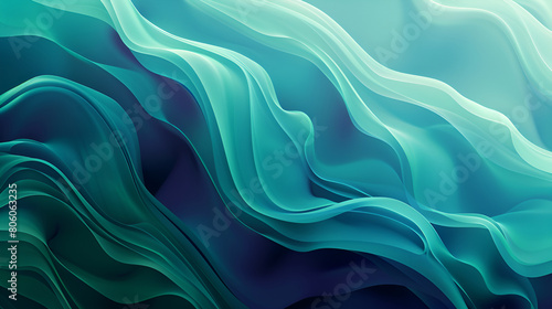 3d render of abstract background with blue and green wavy lines, Abstract background with transparent overlays of waves in shades of blue, green, and turquoise, Creative background with abstract