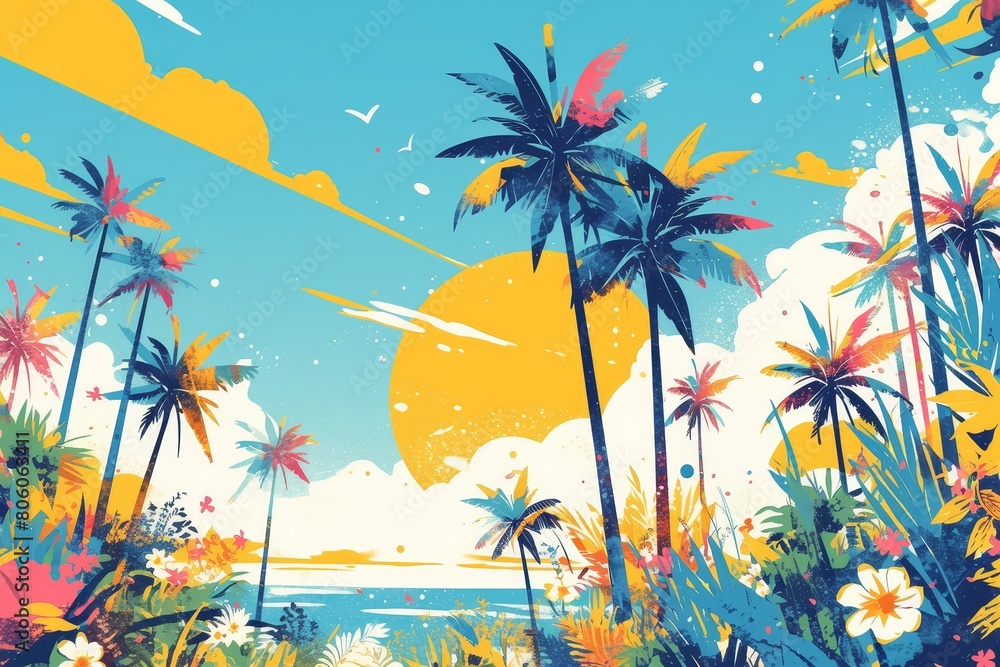 Colorful, abstract landscape with palm trees and tropical plants, surrounded by warm hues and soft shapes, evoking feelings of relaxation and summer vibes. 