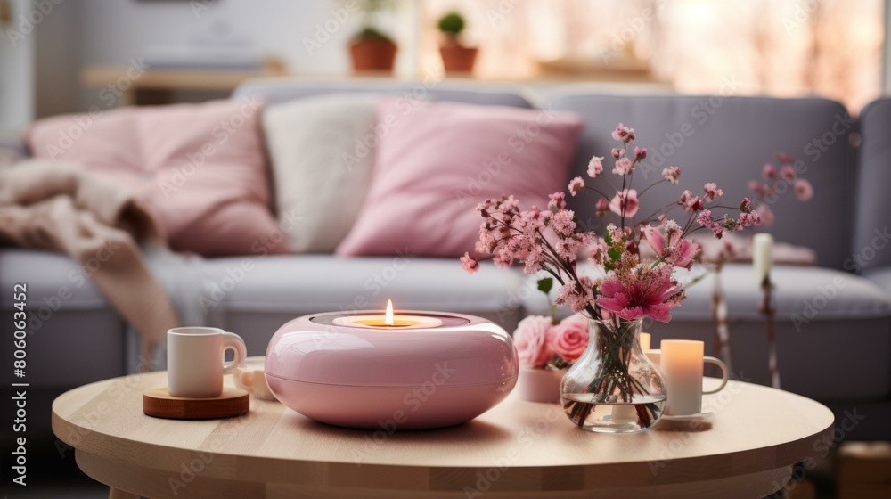 Scented candle and flowers on table in living room Scented candle and flowers on table in living room