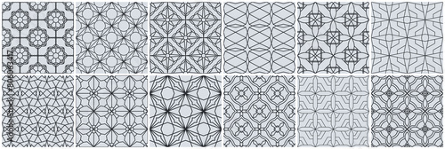 Collection of vector gray seamless geometric ornamental patterns - oriental backgrounds. Monochrome mosaic tile repeatable prints
