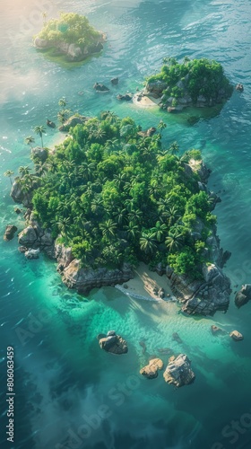 Small tropical island with palm trees and white sand beach surrounded by coral reef and crystal clear water