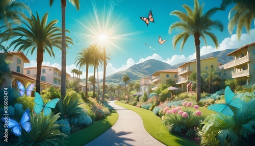 Happy summer season background with having garden full of flowers summer trees butterflies clouds sky and bright sun behind a beautifil view photo