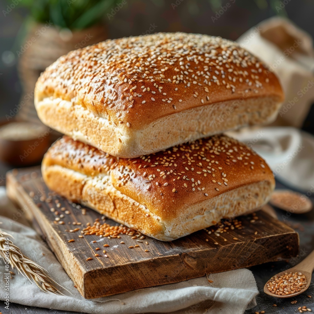 Loaf of bread sprinkled with sesame seeds on a wooden table Loaf of bread sprinkled with sesame seeds on a wooden table