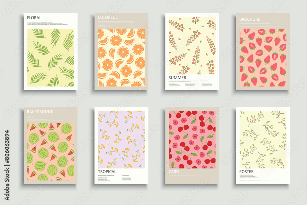 Collection of delicate floral and fruit covers, templates, placards, brochures, banners, flyers and etc. Color summer backgrounds, postcards, posters, invitation. Drawing tropical botanic cards