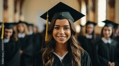 A young woman in a graduation cap and gown smiles at the camera while standing in a group of other graduates.