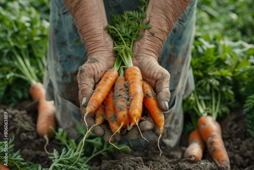 A farmer holding a handful of freshly harvested carrots