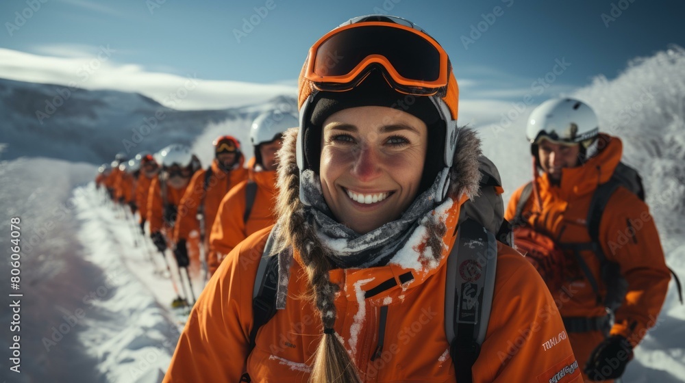 A group of skiers traverse a snowy mountainside A group of skiers traverse a snowy mountainside
