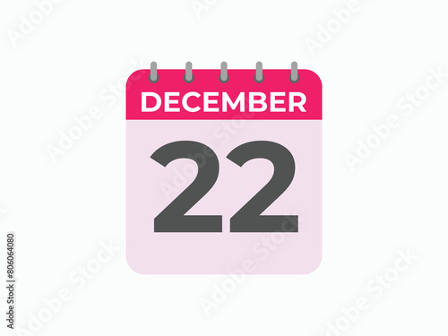 December 22 calendar reminder. 22 December daily calendar icon template. Calendar 22 December icon Design template. Vector illustration
