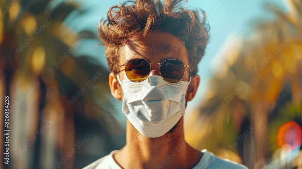 Close up portrait of a young man wearing a surgical mask and sunglasses Close up portrait of a young man wearing a surgical mask and sunglasses