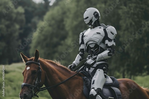 A robot is riding a horse