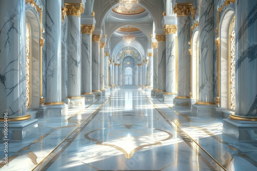 A long hallway with marble columns and a shiny floor photo
