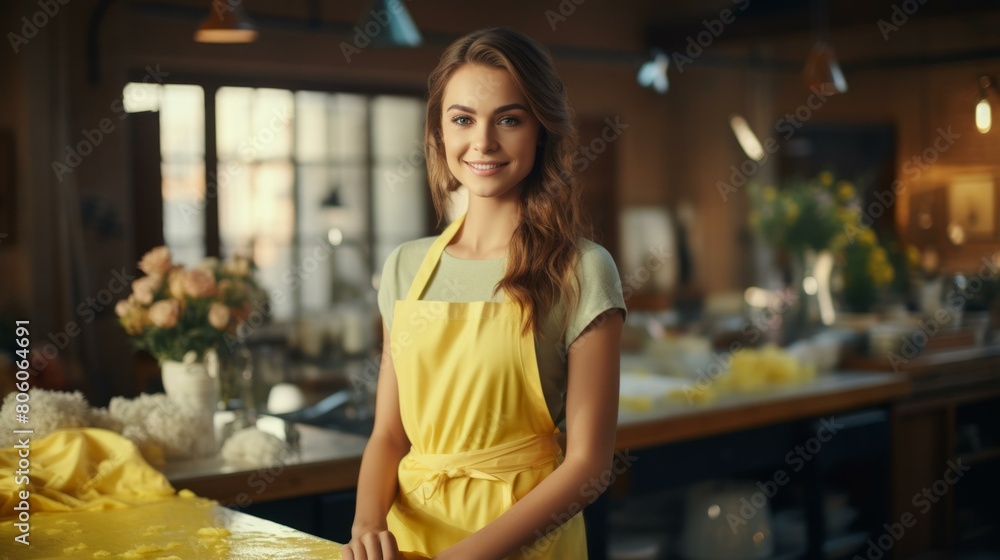 Portrait of a beautiful young woman in a yellow apron standing in a kitchen.