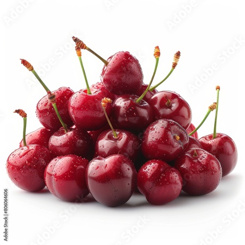 A pile of fresh, ripe cherries, glistening with water droplets on white background. Side view