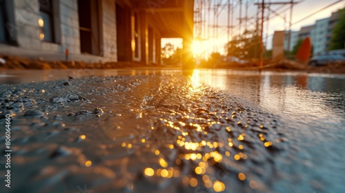 Close up of wet concrete floor at construction site with setting sun in background