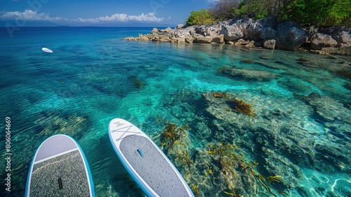 A scenic view of paddleboards anchored near a secluded island, with crystal clear water and vibrant marine life visible beneath. photo