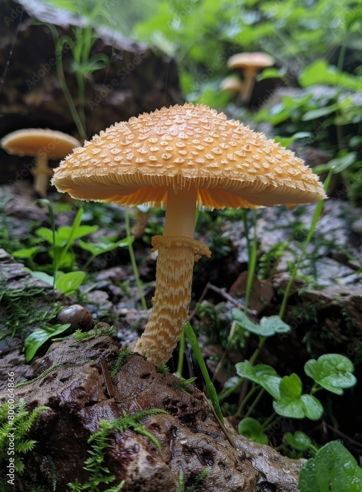 Fototapeta premium A large orange mushroom with a white stem growing in a forest