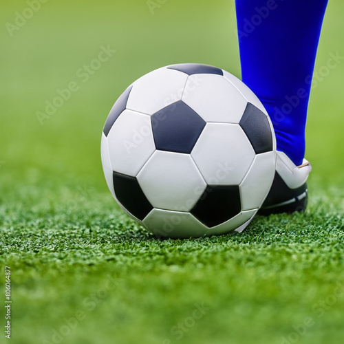 Soccer ball on green grass foot of soccer player