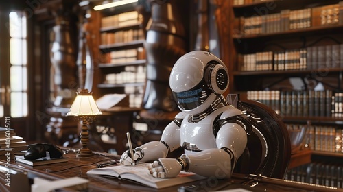 A cute robot acting as a writer and author in a classical environment, Generative Ai  photo