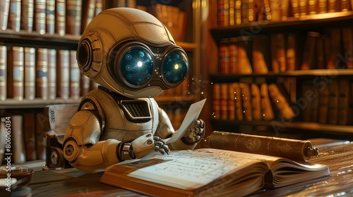 A cute robot acting as a writer and author in a classical environment, Generative Ai  photo