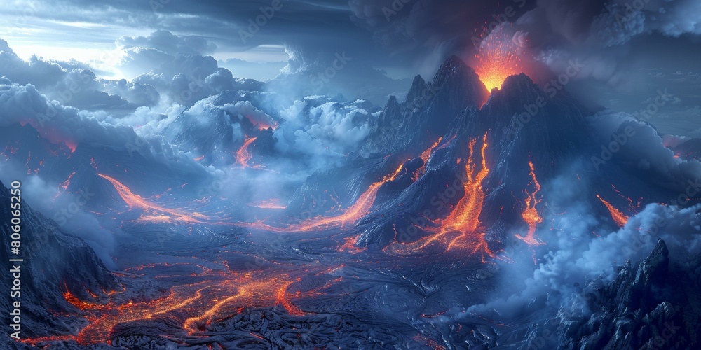 Fototapeta premium Lava Flowing Down a Mountainside During a Volcanic Eruption