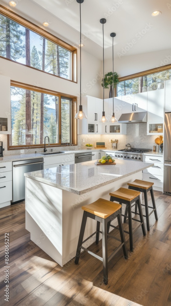 Fototapeta premium Modern kitchen interior design with large windows and a big island
